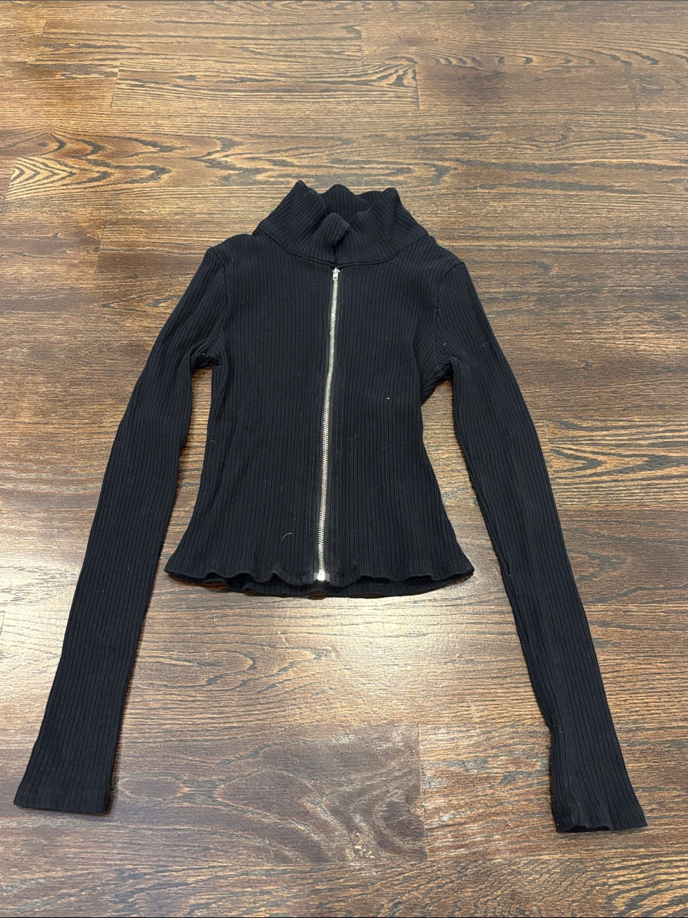 Brooklyn Karma Womens Black Ribbed Zip-Front Long Sleeve Size Small